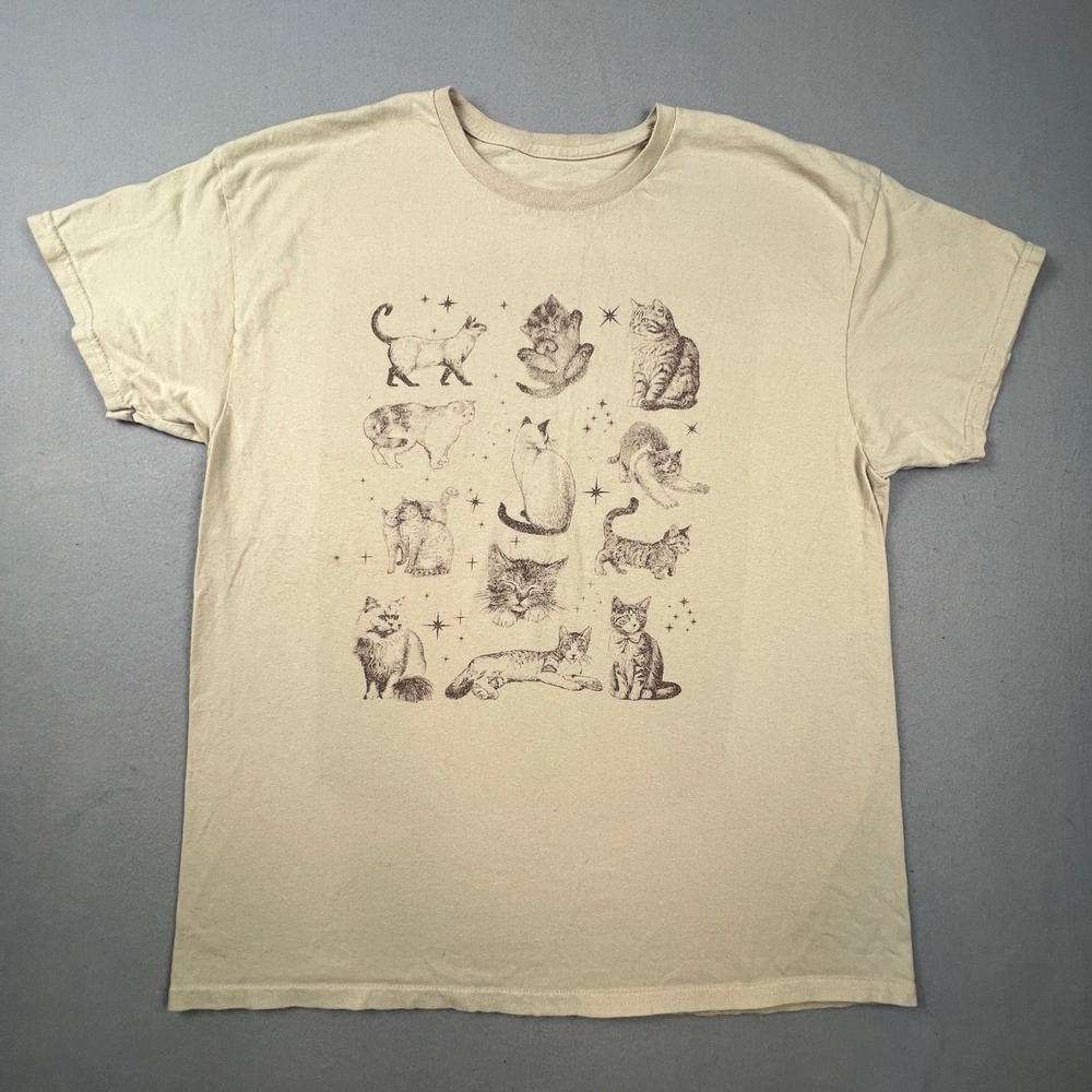 Celestial‎ Cats Graphic T-Shirt Unisex Large Tan Sketch Art Cottagecore